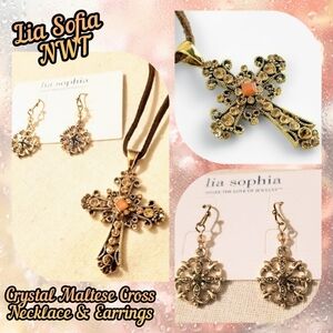 Lia Sophia, NWT, Crystal Maltese Cross Necklace & Matching Earrings Set